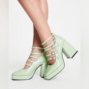 Daisy Street heeled shoes with strap detailing in sage green vinyl